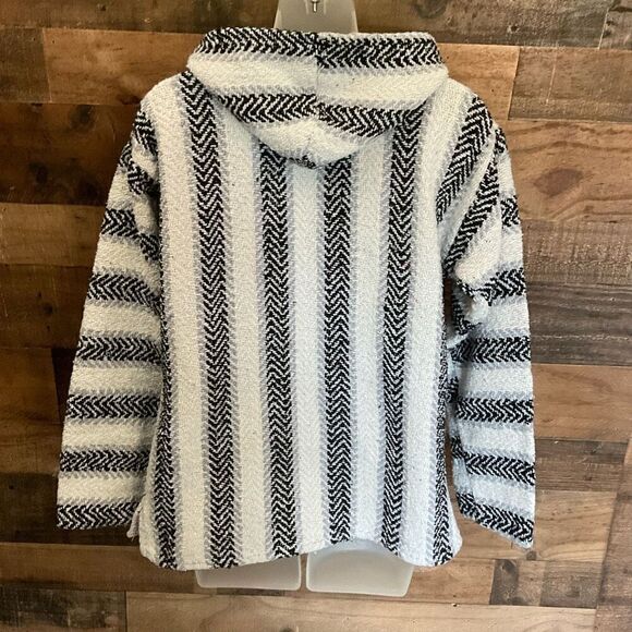Earth Ragz Hoodie Unisex Black White Striped Baja Pullover Size Medium - Picture 11 of 12